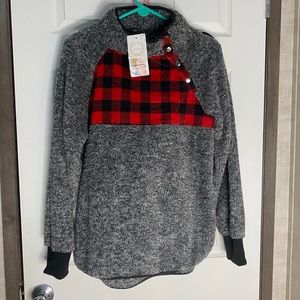 gray sweater with red & black gingham pattern